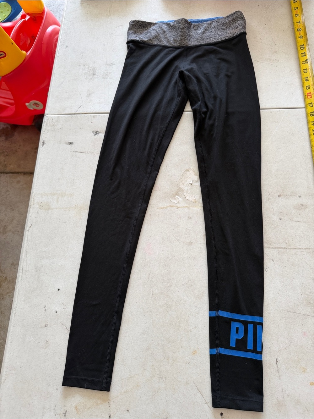 PINK Victoria's Secret Black Leggings with Grey Waistband and Blue Logo